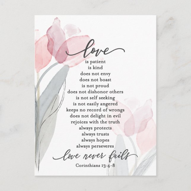 Postal El amor es paciente Tulipanes rosados Biblia Boda (Anverso)