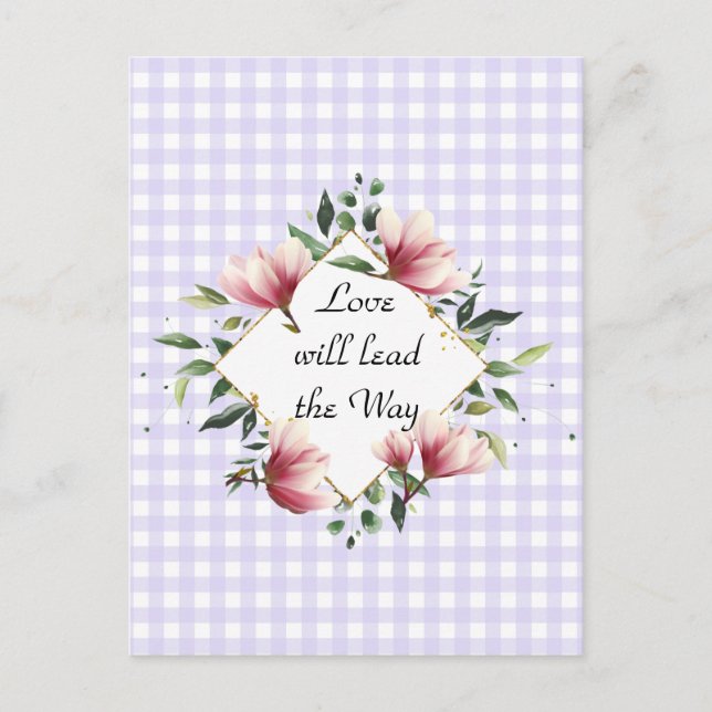 Postal El amor liderará el camino Purple Gingham Postcard (Anverso)