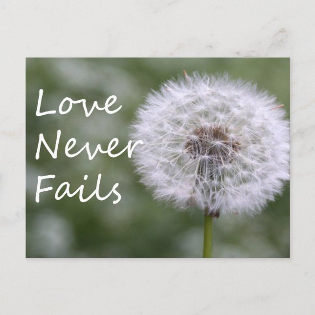 Postal El amor nunca falla Dandelion1 Corinthians 13 (Anverso)