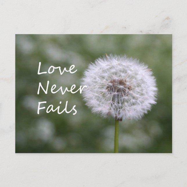Postal El amor nunca falla Dandelion1 Corinthians 13 (Anverso)