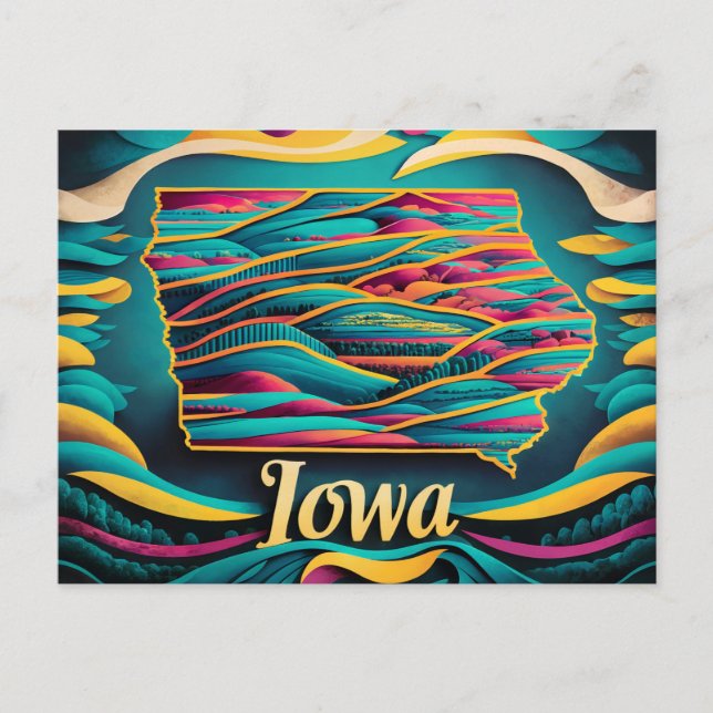 Postal El animado paisaje de Iowa: Vibrante mapa conceptu (Anverso)