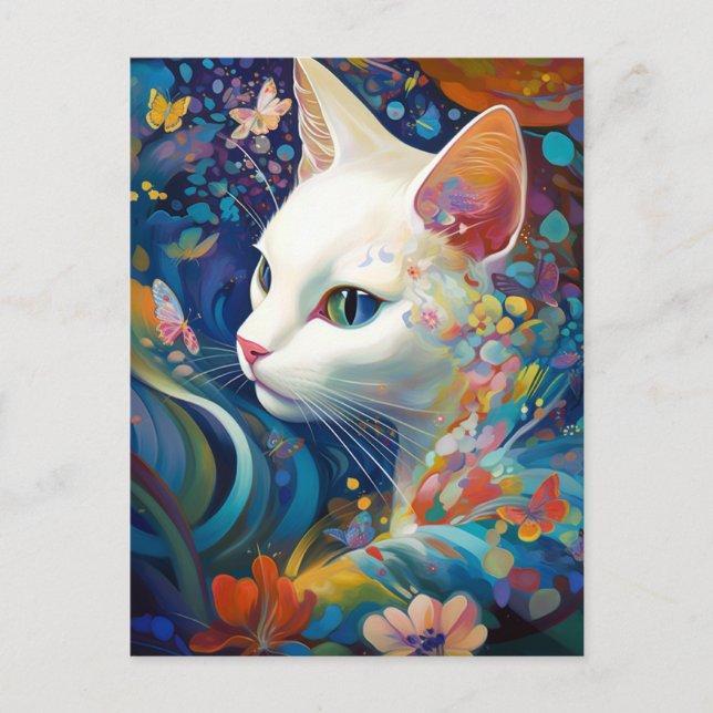 Postal El arte de la fantasía de un gato blanco surrealis (Anverso)