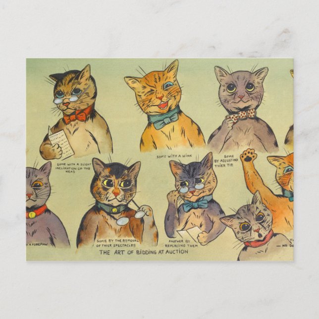 Postal El Arte de Pujar en Subasta por Louis Wain (Anverso)