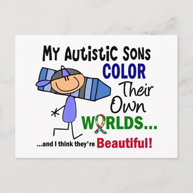 Postal El autismo COLORA SUS PROPIOS MUNDOS Hijos (Anverso)