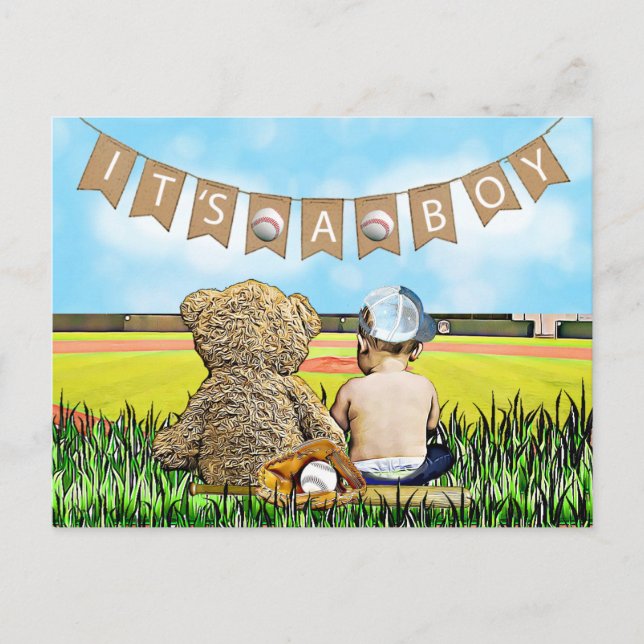 Postal El Baby Shower de Teddy Bear y Baby Baseball Boy (Anverso)