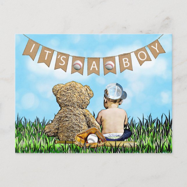 Postal El Baby Shower de Teddy Bear y Baby Baseball Boy (Anverso)