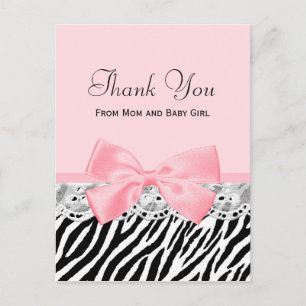 Postal El bebé le agradece estampado de zebra rosado de