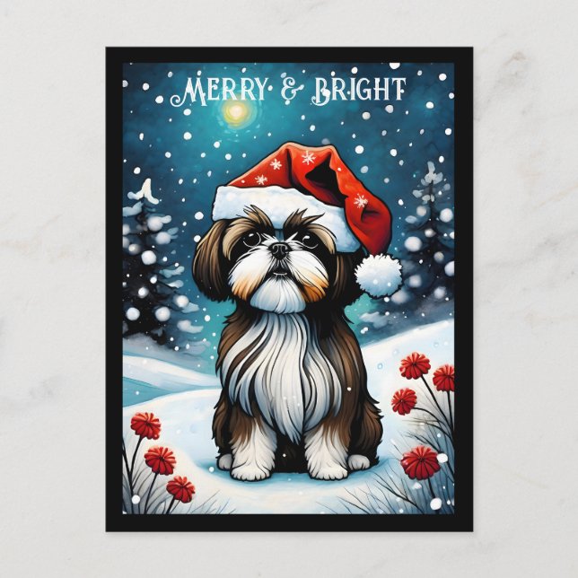 Postal El bebé Shih Tzu Snowy Meadow Santa Dog Navidades (Anverso)