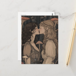 Postal El beso de los amantes Bosque de hongos Cuento de