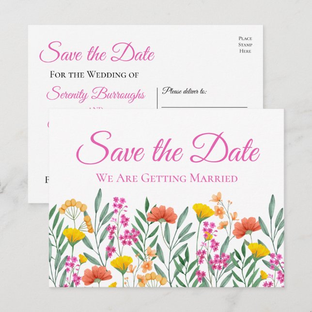 Postal El Boda Floral Boho Wildflower Floral Salva La Fec (Anverso / Reverso)