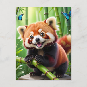 Postal El bonito estilo kawaii Panda rojo en un bosque de