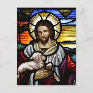 Postal El Buen Pastor; Jesús en vidrio emplomado