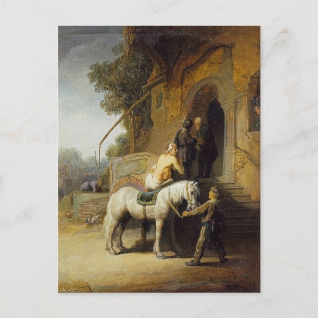 Postal El buen samaritano de Rembrandt (Anverso)