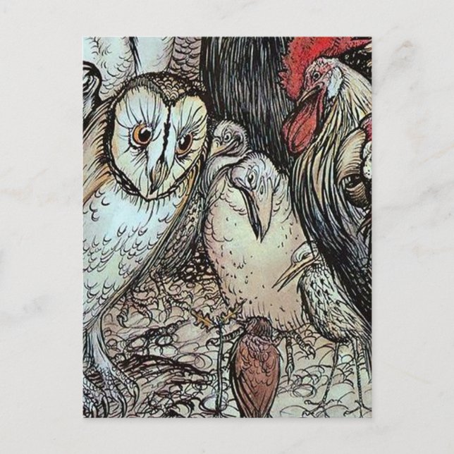 Postal "El búho y los pájaros" de Arthur Rackham (Anverso)