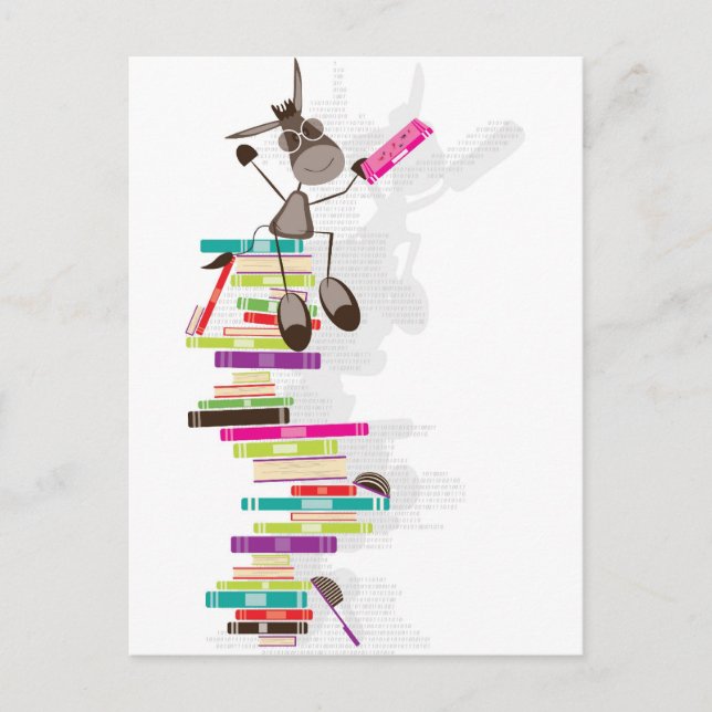 Postal El burro intelectual encima de una torre de libros (Anverso)