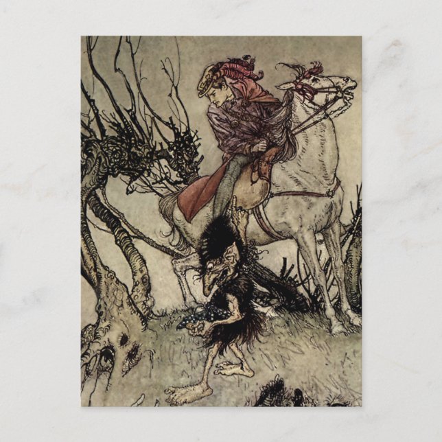 Postal “El caballero y el gnomo” de Arthur Rackham (Anverso)