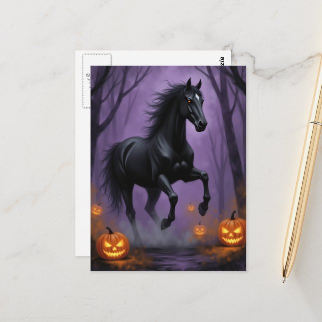 Postal El Caballo Negro en el Bosque de Halloween (Anverso/Reverso In Situ)