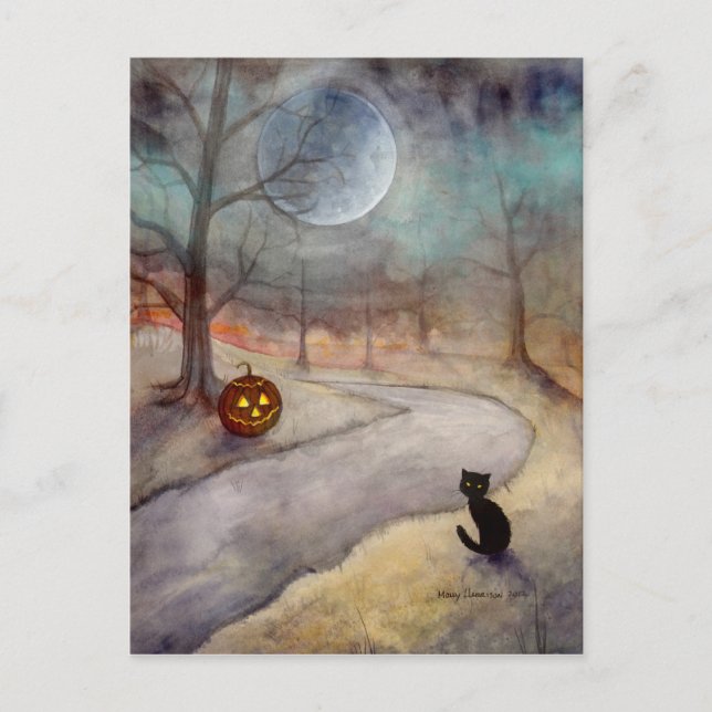 Postal El camino olvidado: Gato negro de Halloween y cala (Anverso)