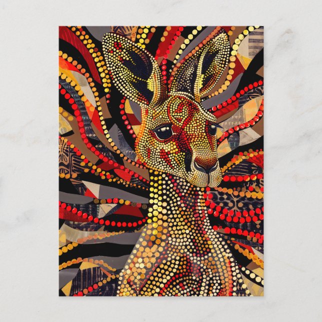 Postal El canguro rojo en el estilo de arte de dot aborig (Anverso)