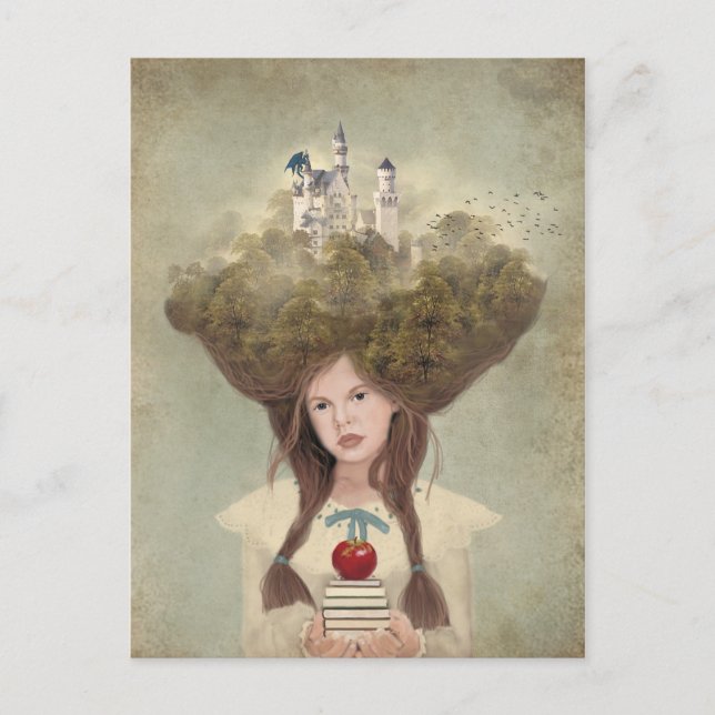 Postal El caprichoso chica con libros de arte (Anverso)