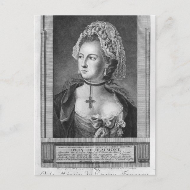 Postal El Chevalier d'Eon, vestido de mujer (Anverso)