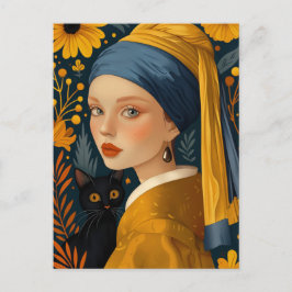 Postal El Chica con un Pearl Earring y un Amigo Purring