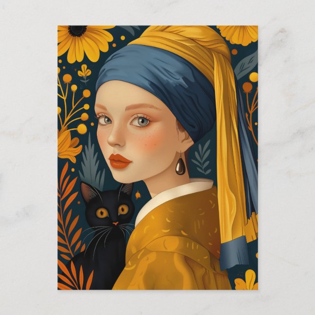 Postal El Chica con un Pearl Earring y un Amigo Purring (Anverso)