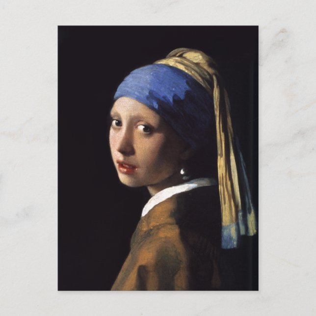 Postal El Chica con una perla por Johannes Vermeer (Anverso)