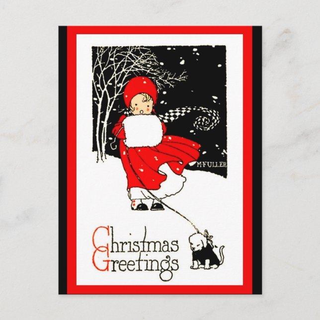 Postal El Chica de los Navidades de Cute 1920 Muff Dog Re (Anverso)