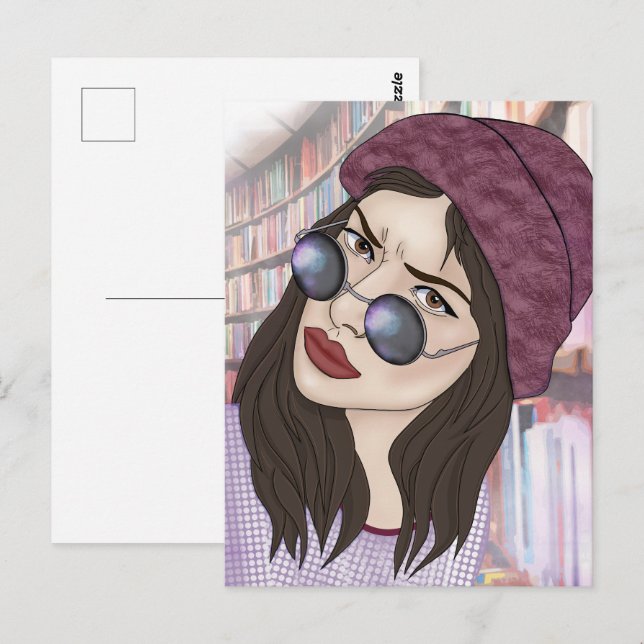 Postal El chica en la biblioteca (Anverso / Reverso)