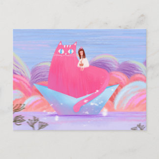 Postal El Chica lindo y el gato grande