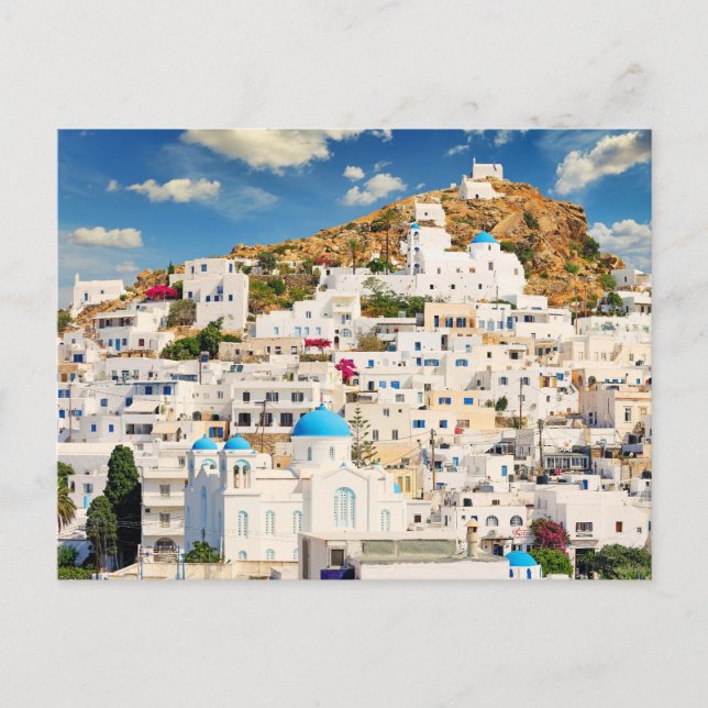 Postal El Chora de la isla de Ios en Cícladas, Grecia (Anverso)