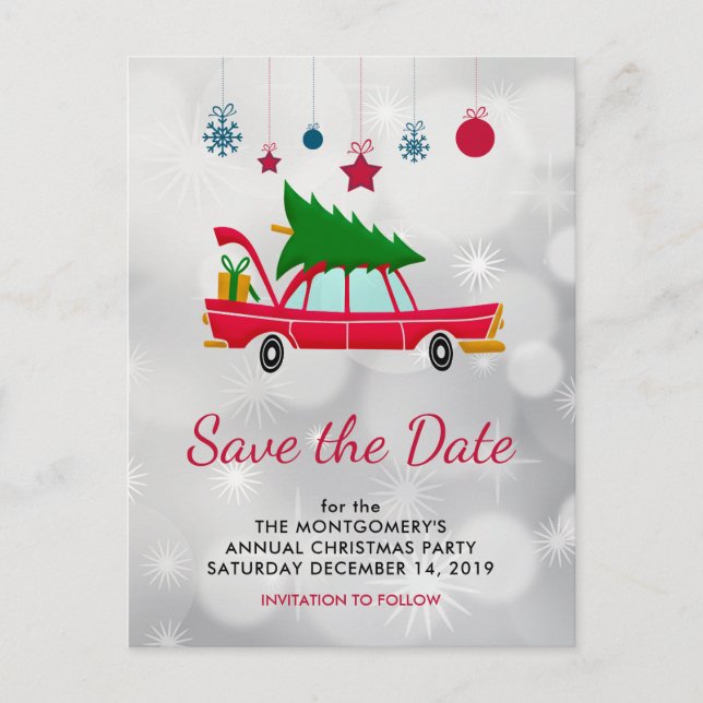 Postal El coche rojo retro y el árbol de Navidad Guardar  (Anverso)