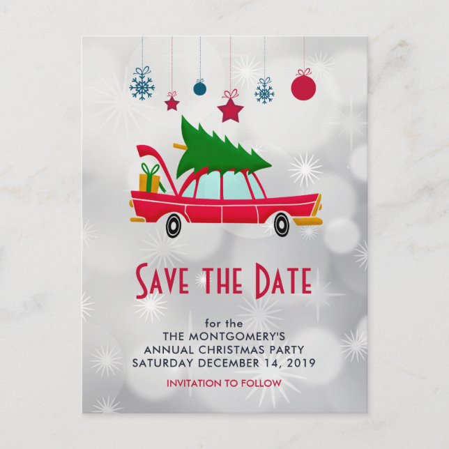 Postal El coche rojo retro y el árbol de Navidad Guardar  (Anverso)