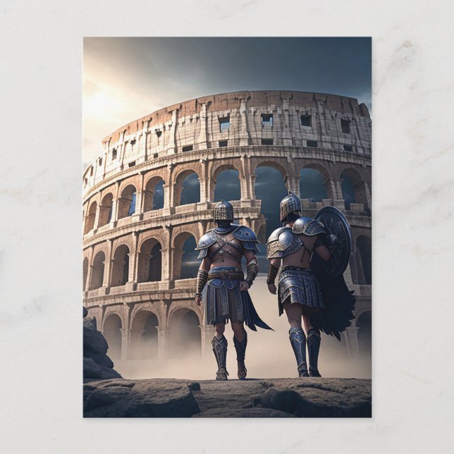 Postal El Coliseo Roma Italia con gladiadores (Anverso)