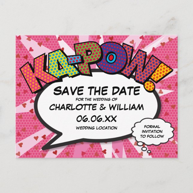 Postal El cómic moderno de KAPOW Pink Save the Date (Anverso)