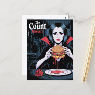 Postal El Conde Vampiro Con una Hamburguesa con Queso