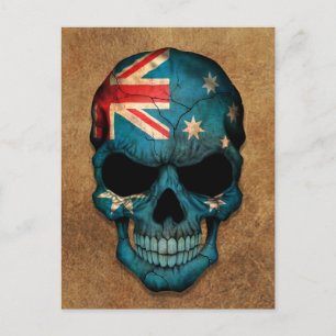 Postal El cráneo de la bandera australiana envejecido y g