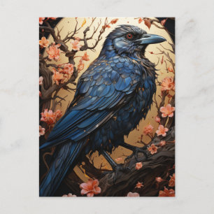 Postal El cuervo en un árbol de flores