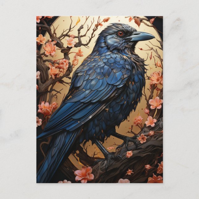 Postal El cuervo en un árbol de flores (Anverso)