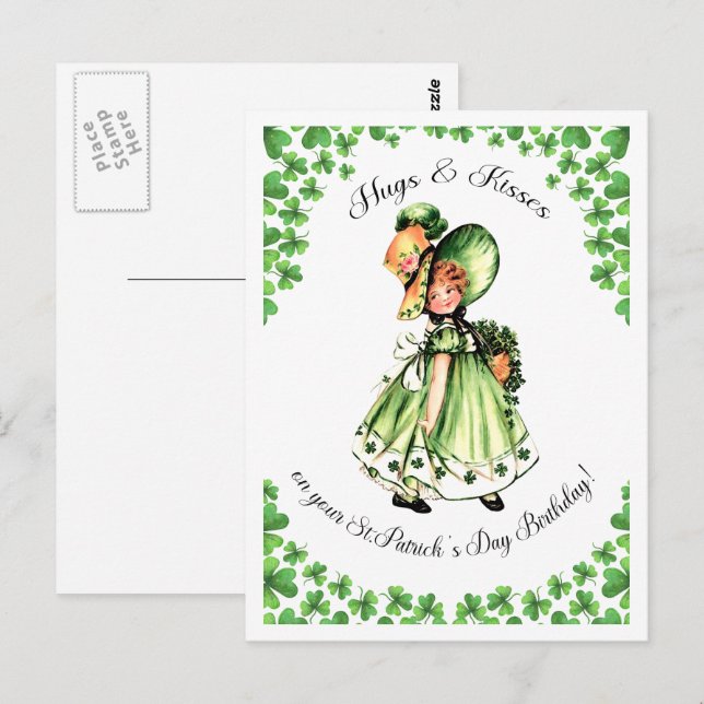 Postal El cumpleaños de San Patricio, pequeño Chica irlan (Anverso / Reverso)