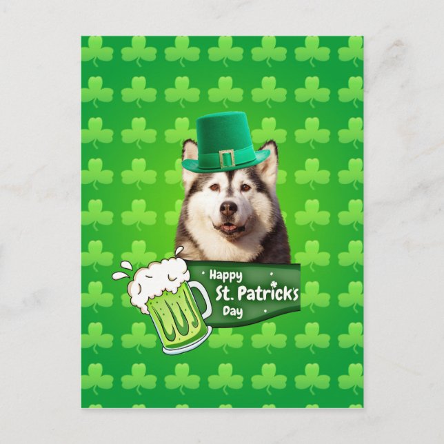 Postal El delicioso Gorra siberiano Husky Dog St. Patrick (Anverso)