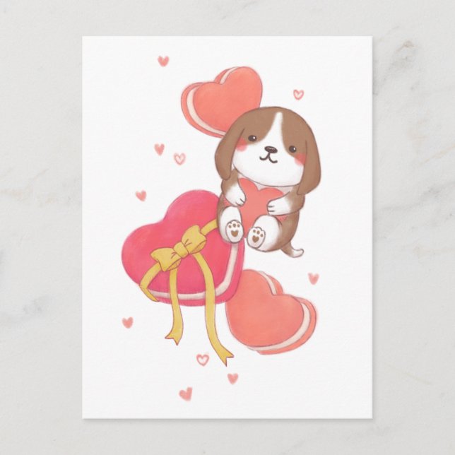 Postal El día de San Valentín: Beagle y Macarons (Anverso)