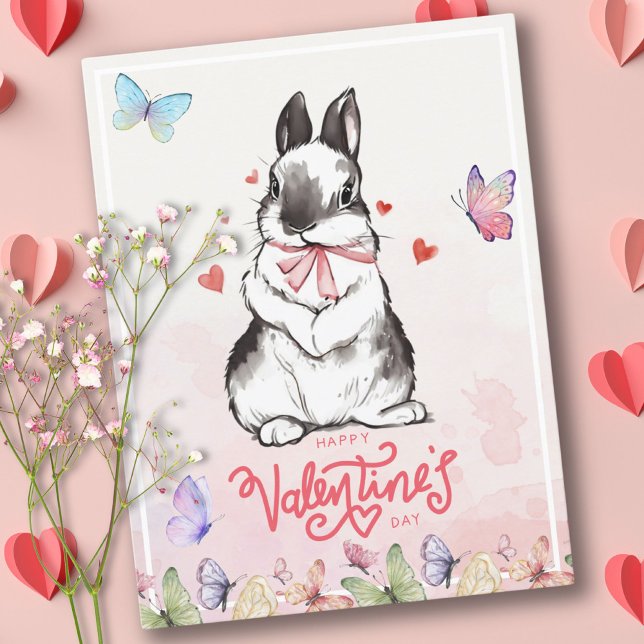 Postal El día de San Valentín de mariposas y conejitos ro (Blush Pink Bunny & Butterflies Valentine's Day Postcard)