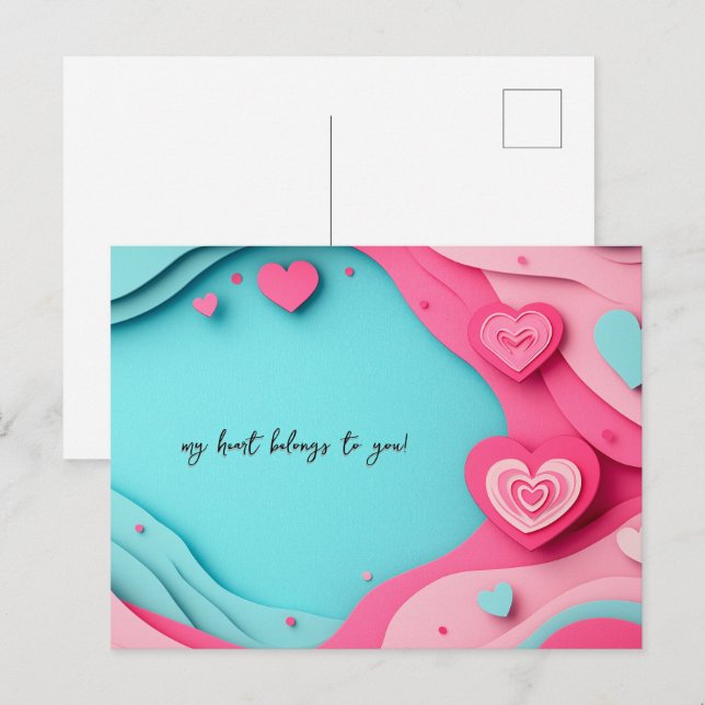 Postal El día de San Valentín Papercut Blue and Pink Hear (Anverso / Reverso)