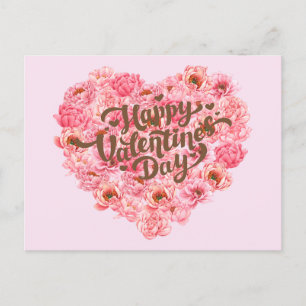 Postal El día de San Valentín Pink Peony Floral Heart