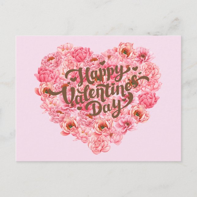 Postal El día de San Valentín Pink Peony Floral Heart (Anverso)