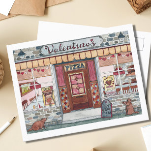 Postal El día de San Valentín Pizza Shop Watercolor