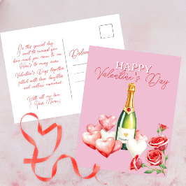 Postal El día de San Valentín romántico Champagne Rosas y