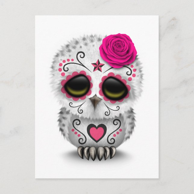 Postal El día rosado del búho de azúcar muerto blanco (Anverso)